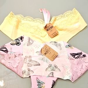 Thongs. 1 is solid yellow with lace & the other is pink w/butterflies.